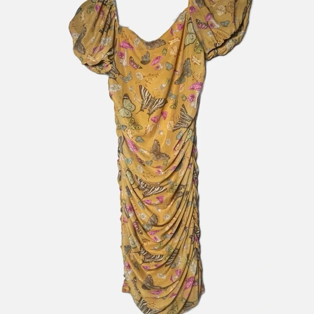 Forever 21 Yellow Butterfly Print Ruched Mini Dress size medium boho fairy - Picture 5 of 7